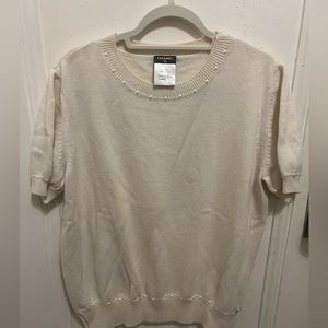 CHANEL Ivory Cotton Cashmere short sleeve sweater with pearl trim